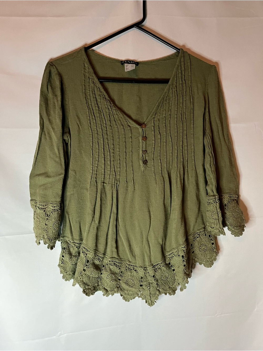 VENUS Olive V-Neck Crochet Trim Peasant Blouse